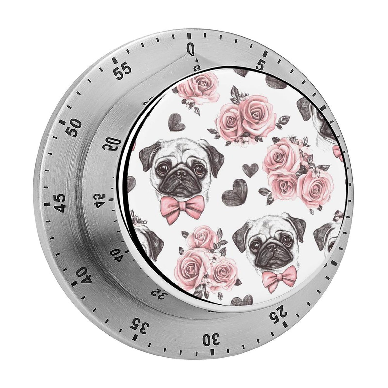 Rose Pug Dogs Love Heart Mechanical Timer with Alarm for Kitchen Cooking Productivity Stainless Steel Timers