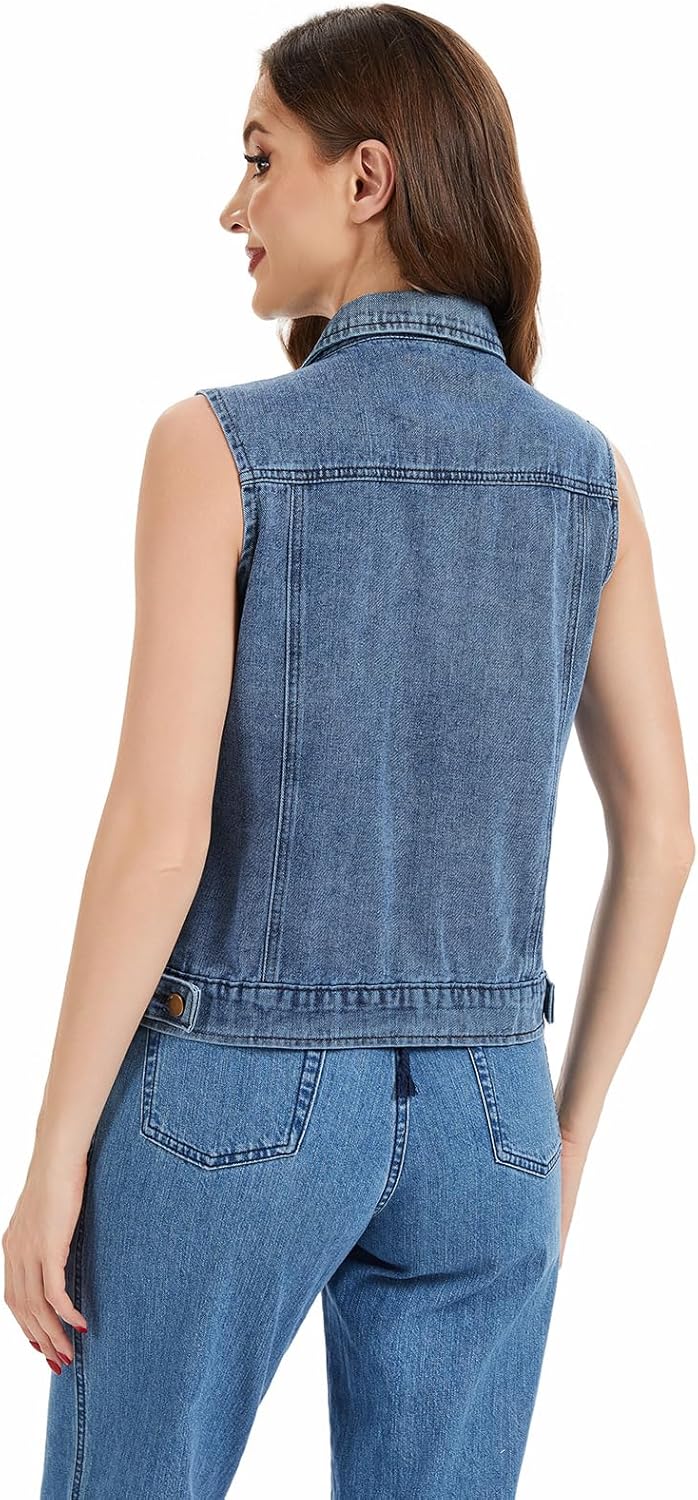 Women's Denim Vest Button Down Jacket W Chest Flap Pockets 2025 Washed Distressed Sleeveless Jean Jacket - Image 6