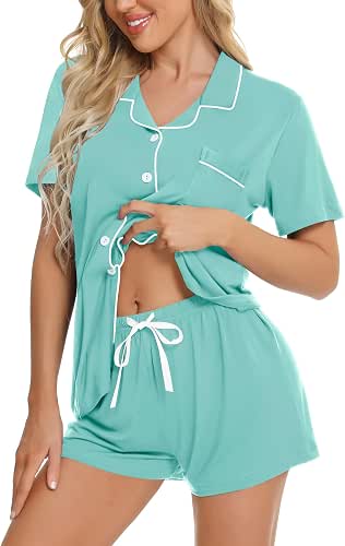 SWOMOG Womens Button Down Pajamas Set Short Sleeve Sleepwear Bride