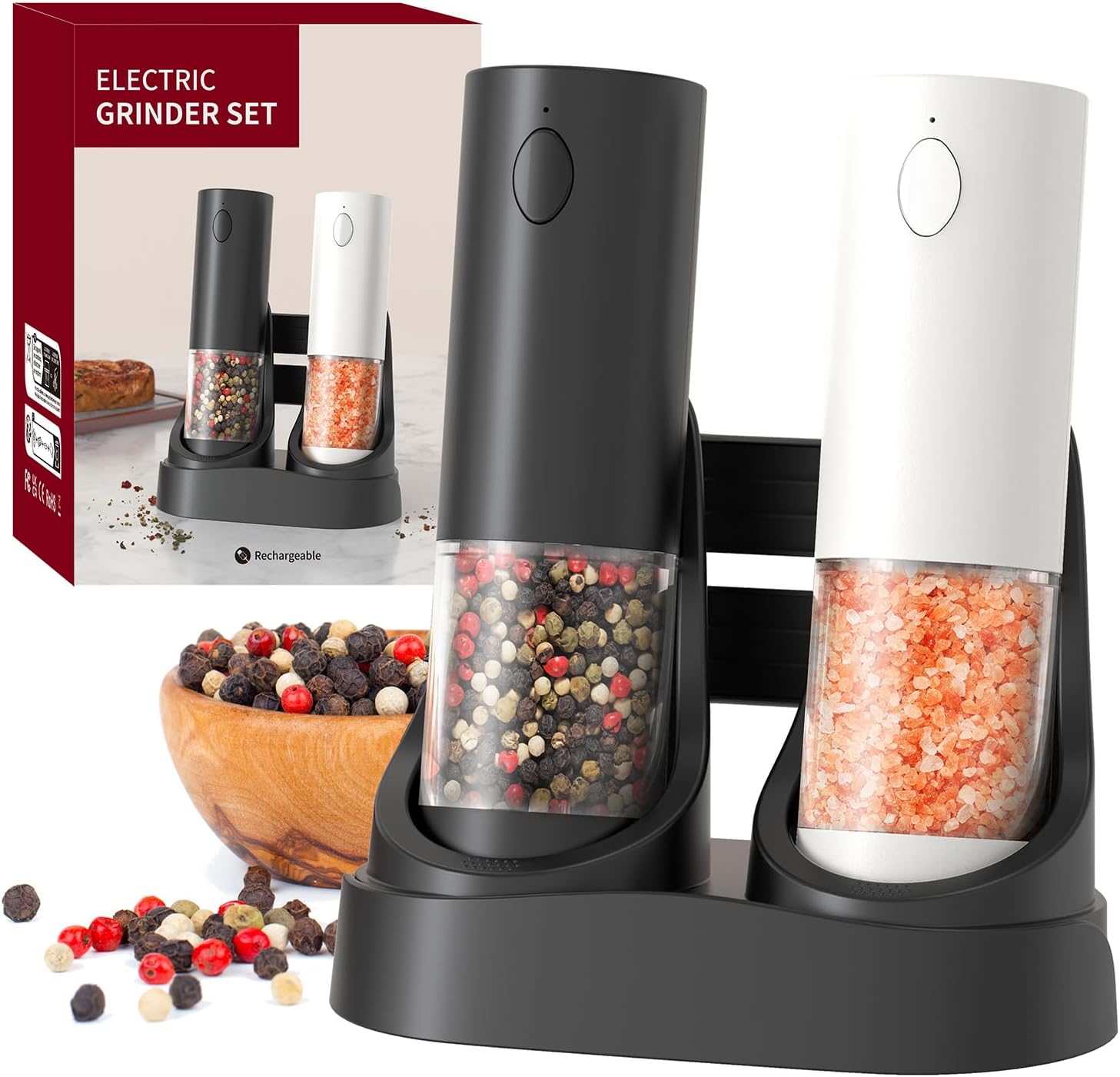 RECHARGEABLE - Electric Pepper and Salt Grinder Set, Adjustable Coarseness, With LED Light, One Hand Automatic Operation (C/Black&white)