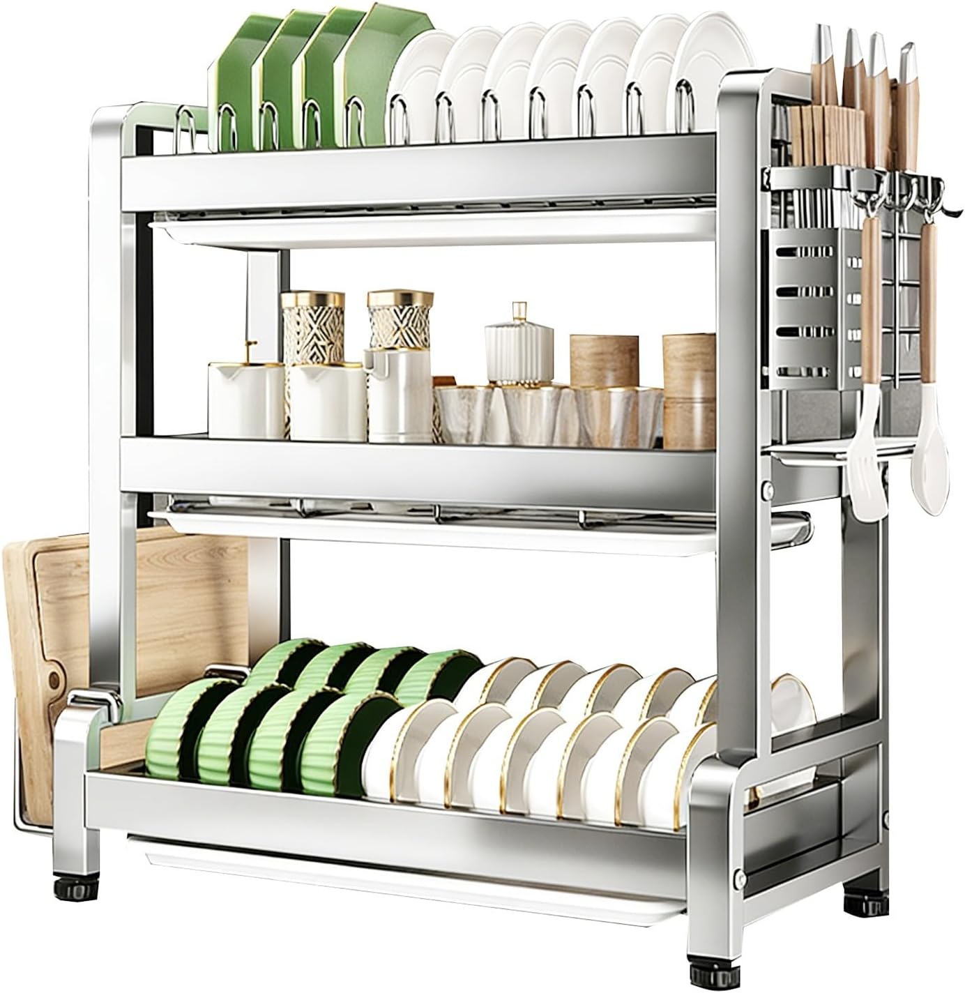 Stainless Steel Sink Dish Rack With Chopstick Holder, Knife Holder, And Cutting Board Holder; Suitable For Kitchens(3 layers,53cm)