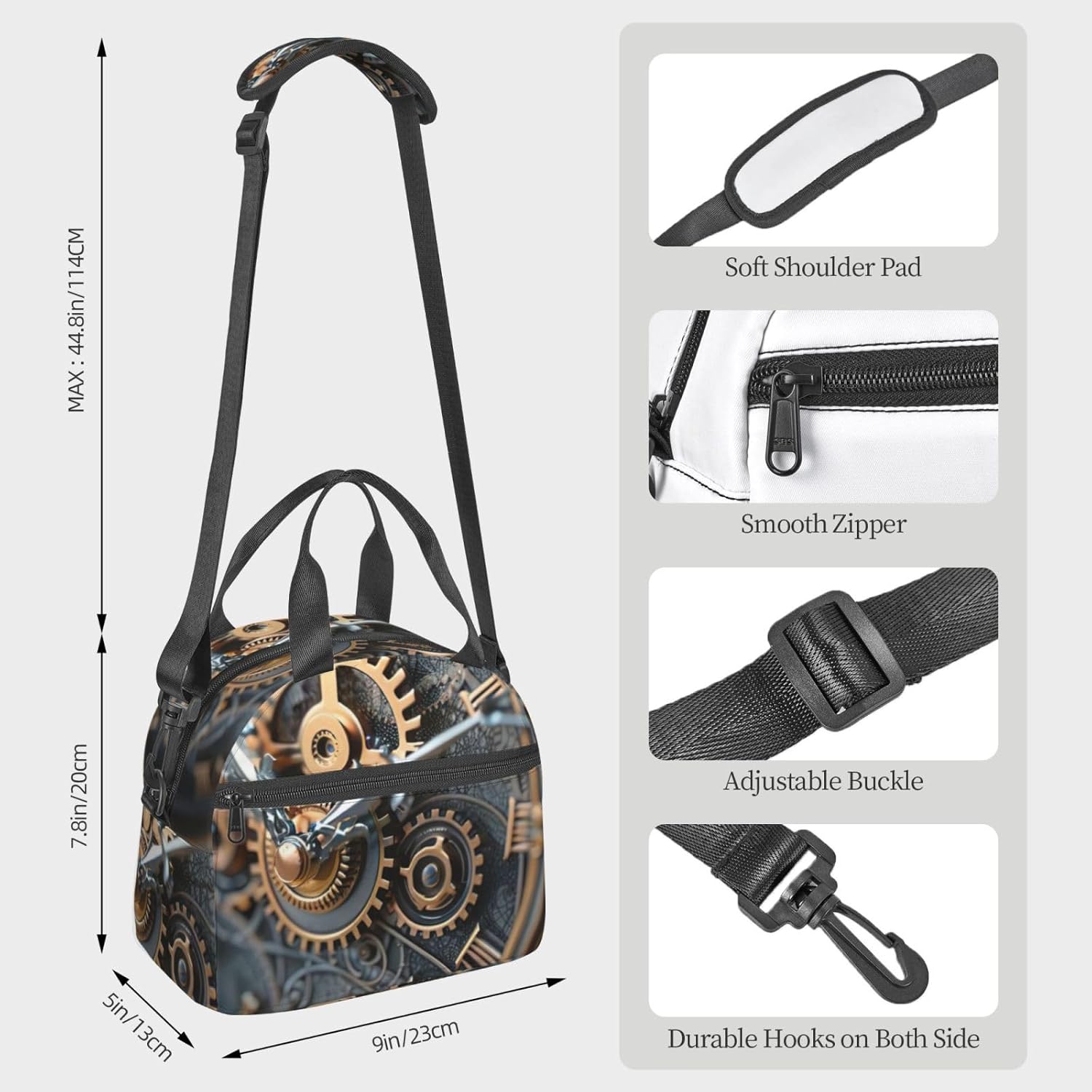 Clock Gear Print Reusable Lunch Bag Insulated Lunch Boxes for Office Work Picnic Tote Bag Adjustable