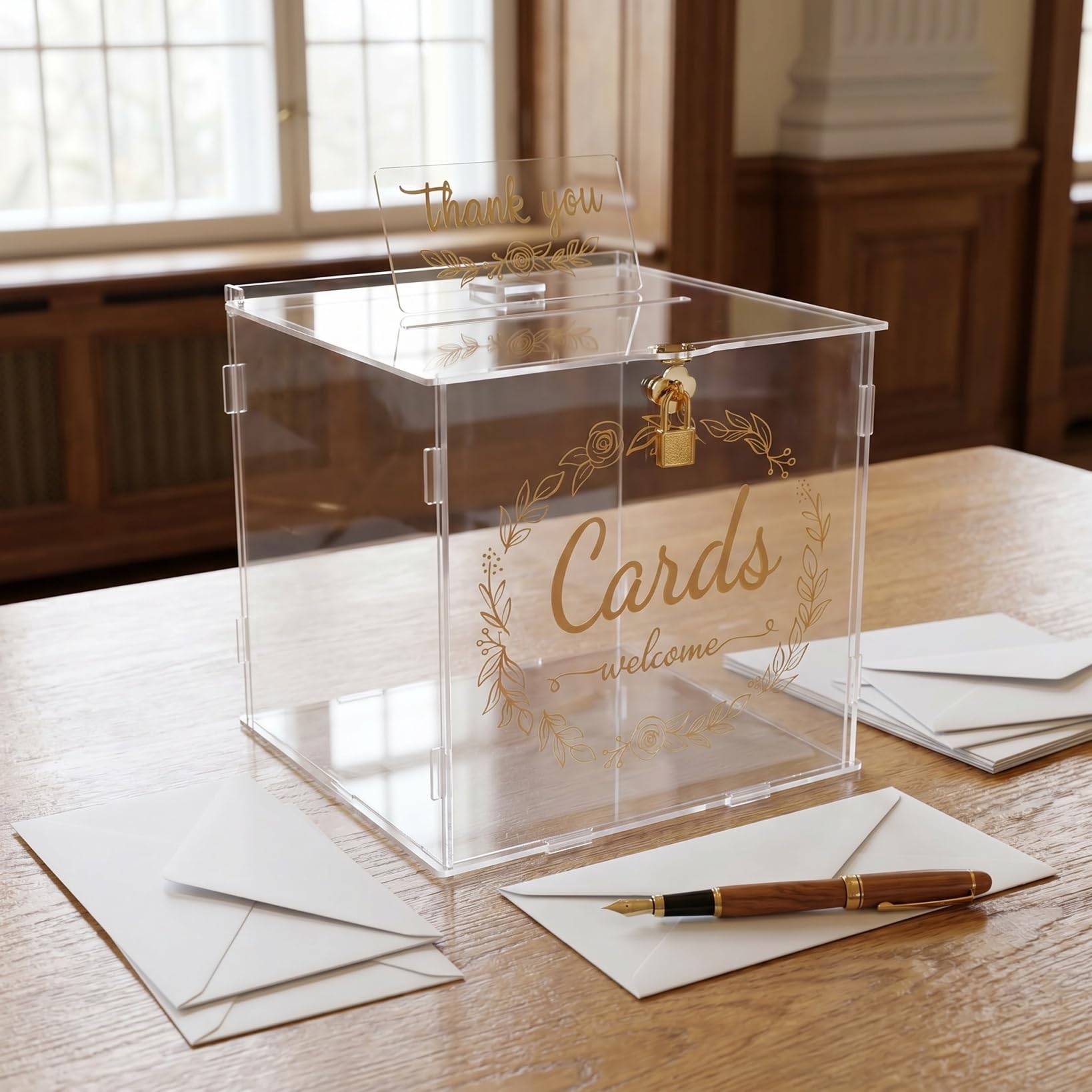 Cabilock Hochzeitskartenbox aus Acryl mit Schloss, Klare Kartenbox für Hochzeit, Große Aufbewahrungsbox für Karten Umschläge und Fotos zur Hochzeitsfeier, 9 x 9 x 9 Zoll