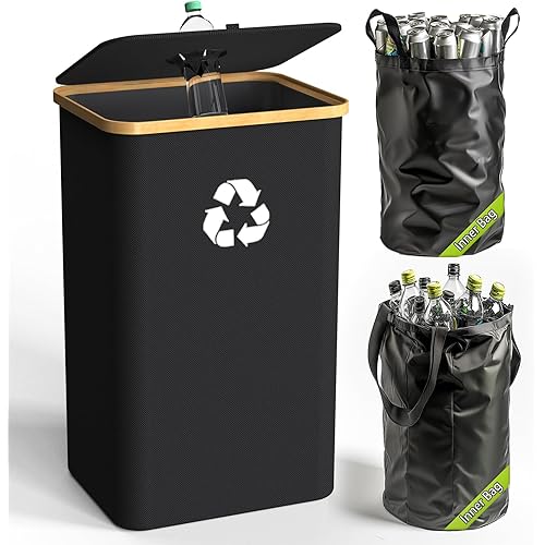 Recycling Bin for Kitchen Indoor Home, Large 26 Gallon 100L Recycle Bin with Lid Removeable Reusable Inner Bag Bottle Can Glass Waste Plastice Stickers,Black