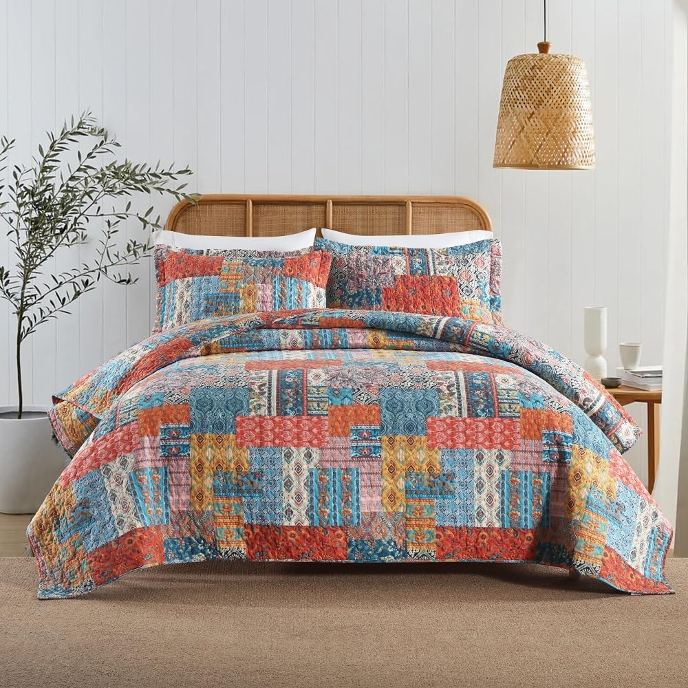 Cotton Bedspread Quilt Sets Reversible Coverlet Sets Comforters Vintage Bohemian Patchwork Bedspread,Orange,Queen Size