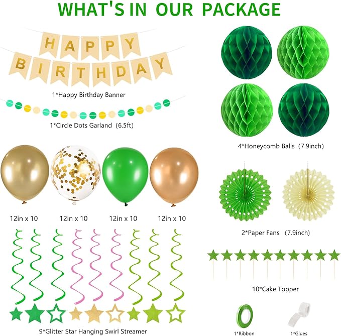 Kit Decoración Fiesta Verde Dorado 79 Piezas miniatura 5