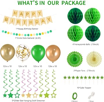 79Pcs Birthday Decorations Happy Birthday Banner Green Gold Balloons Paper Fans Honeycomb Balls Garland Cupcake Toppers for Women Men Neutral Wild One Party Decorations