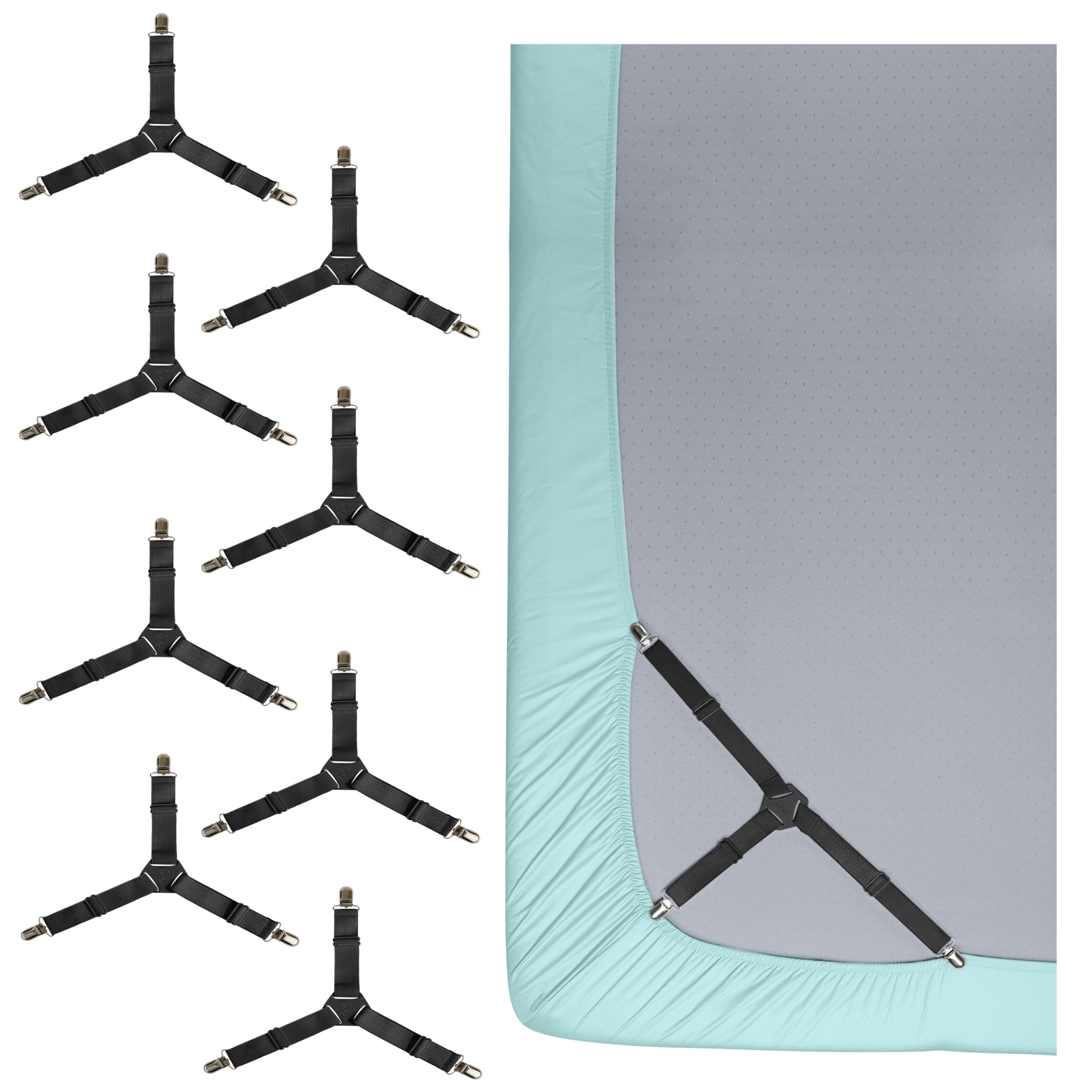 HOME GENIE Stay in Place Heavy Duty Adjustable Fitted Bed Sheet Straps, 8 Pack, Easy Install, No Mattress Flipping, Wrinkle Free Bedding Sheets Fasteners, Universal Fit Bedroom Bedsheet Holder, Black​