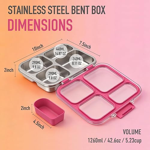 Miniatura 6 de Caja Bento de acero inoxidable de 4 compartimentos con recipiente de silicona para adultos, lonchera de metal para niños, sello de silicona