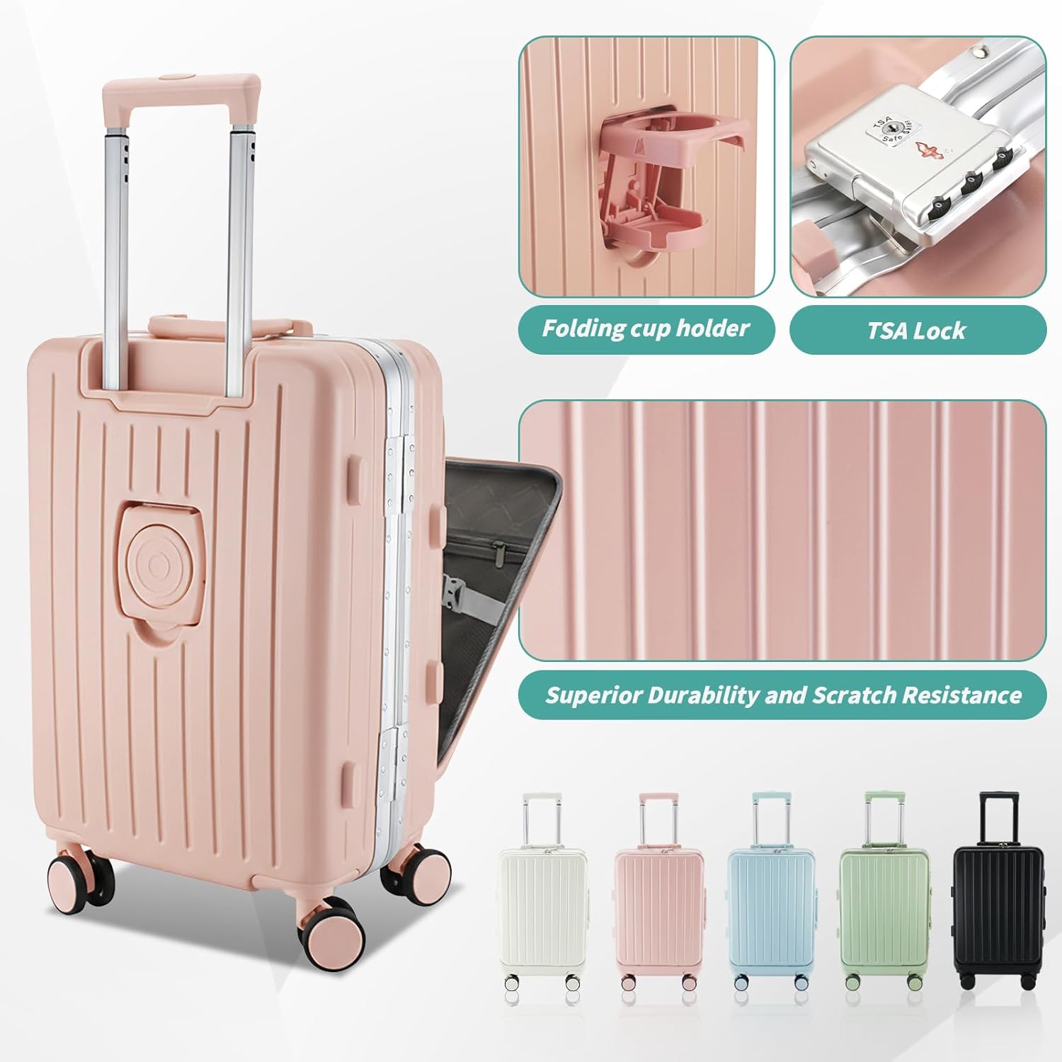 20 Inch Aluminum Frame Carry On Luggage - Hard Shell Silent Spinner Suitcase with TSA Airline Approved, USB/Type-C Port, 15.6" Laptop Compartment, Dry Wet Separation & Cup for Business Travel-Pink