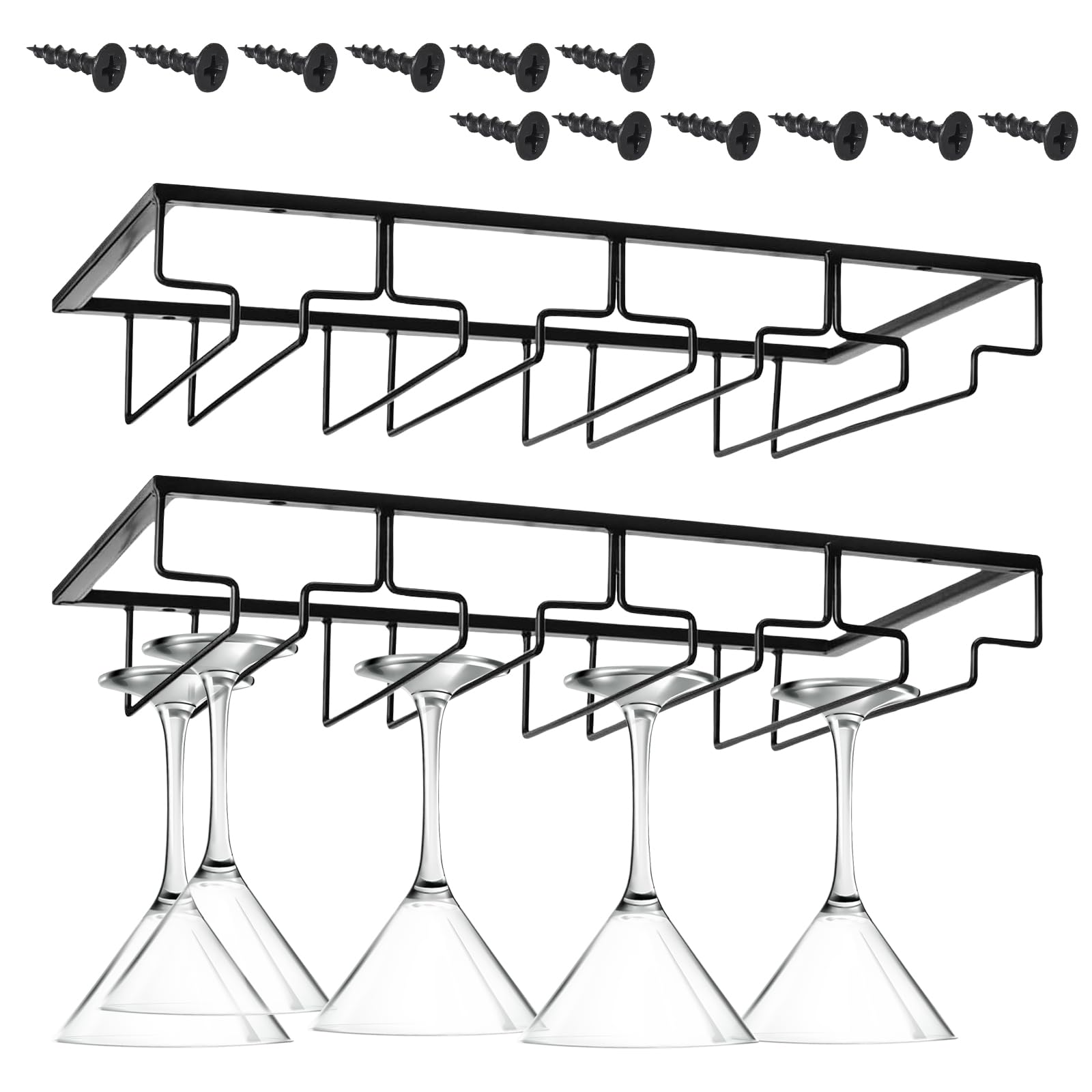 Dokeno 2 Piezas 4 Filas Estante para Copas de Vino con Tornillos, Soporte para Copas de Vino de Metal, Soporte para 16-24 Vasos (4 Ranuras), para Familia, Restaurante, Hotel Bar, Negro