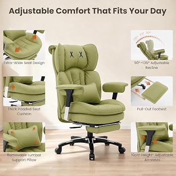 Efomao Desk Office Chair, Big and Tall Heavy Duty Executive Computer Chair, Unique XX Embroidery Ergonomic High Back PU Leather Chair with Retractable Footrest