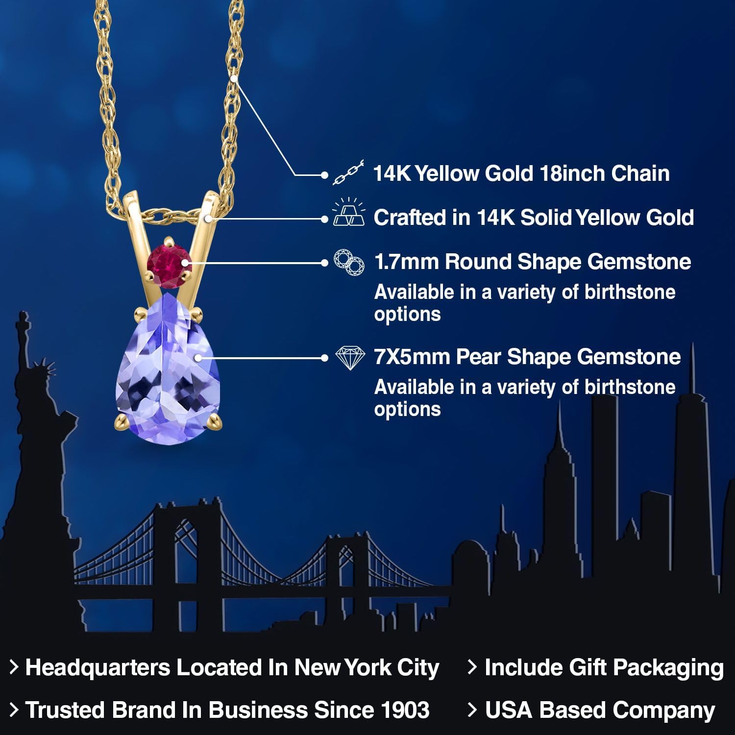Gem Stone King 14K Yellow Gold Blue Tanzanite and Red Created Ruby Pendant Necklace for Women | 0.68 Cttw | Gemstone December Birthstone | Pear Shape 7X5MM | With 18 Inch Chain - Image 2