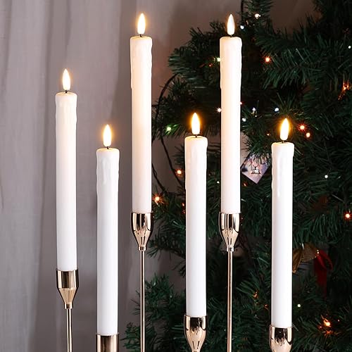 Miniatura 8 de Eywamage Juego de 6 velas cónicas sin llama de Halloween de cera blanca con control remoto, batería parpadeante realista LED