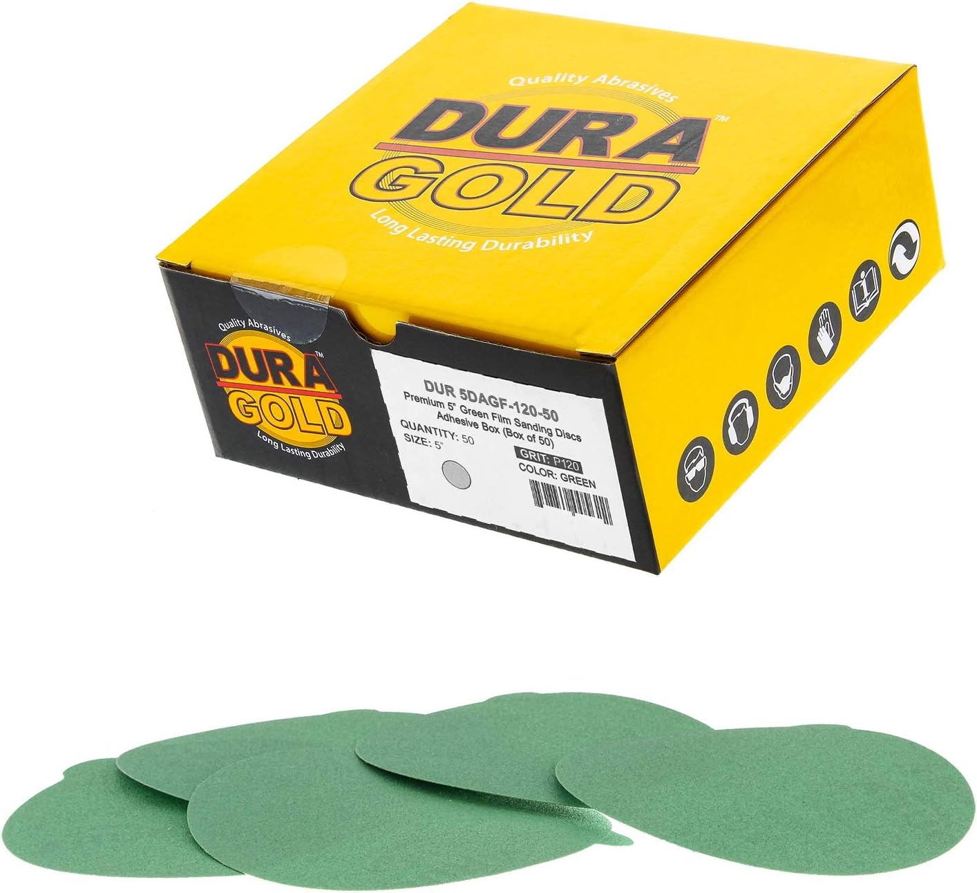 Dura-Gold Premium 5" Green Film PSA Sanding Discs - 120 Grit (Box of 50) - Film Back Self Adhesive Stickyback Sandpaper Discs for DA Sanders, Fast Cut Abrasive - Sand Automotive Paint Woodworking Wood: Tools & Home Improvement