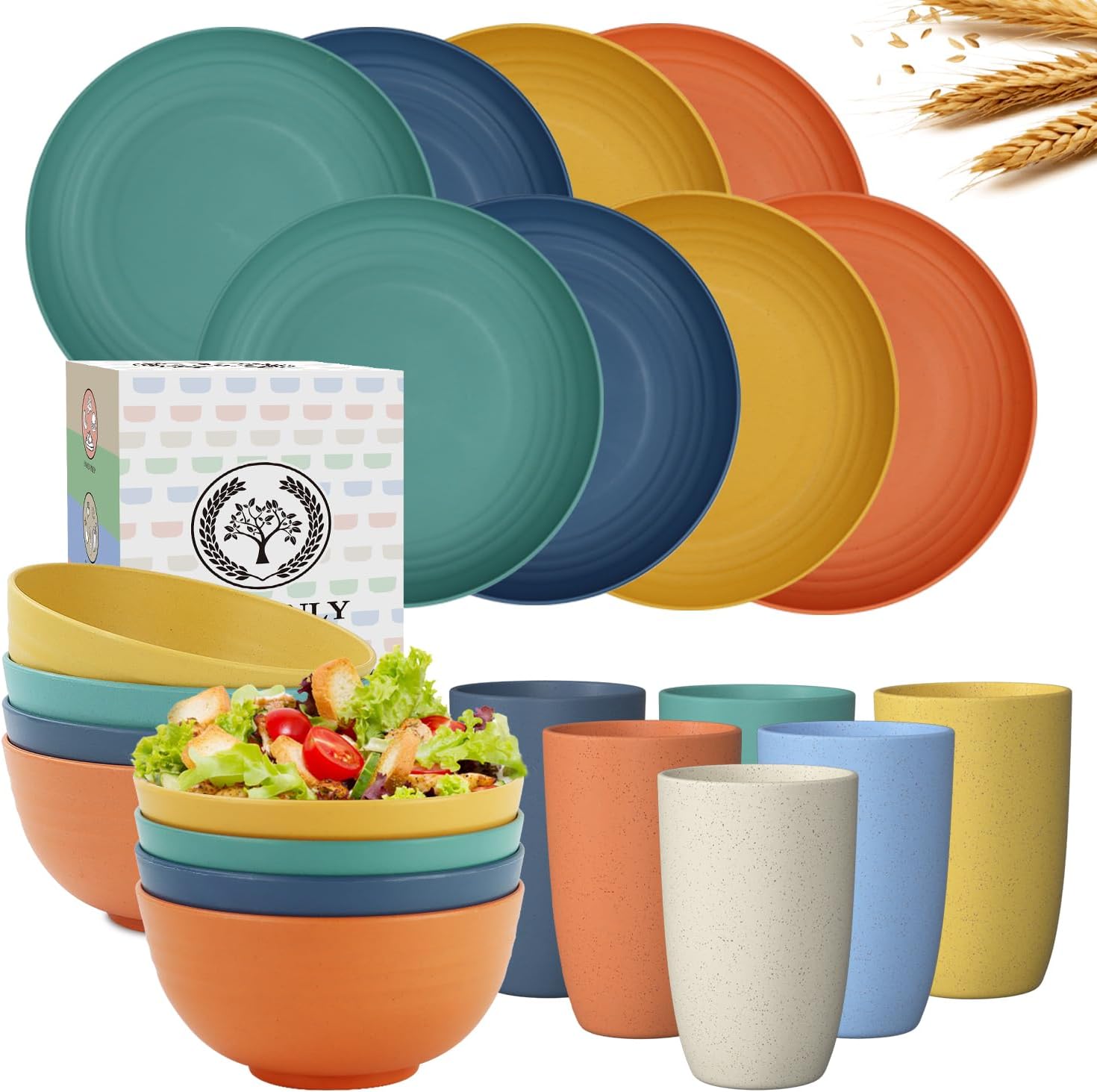 Homienly 22PCS Wheat Straw Dinnerware Set,Plastic Cups,Cereal Bowls,10 inch Dinner Plates,Unbreakable Plates and Blows Stes,Plastic Stackable Water Tumblers,Dishwasher and Microwave Safe,Multi Color