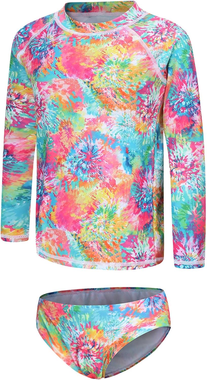Girls Two Piece Rash Guard Swimsuits Set Long Sleeve Bathing Suit with UPF 50+ Sun Protection Kids Sunsuits Swimwear Set