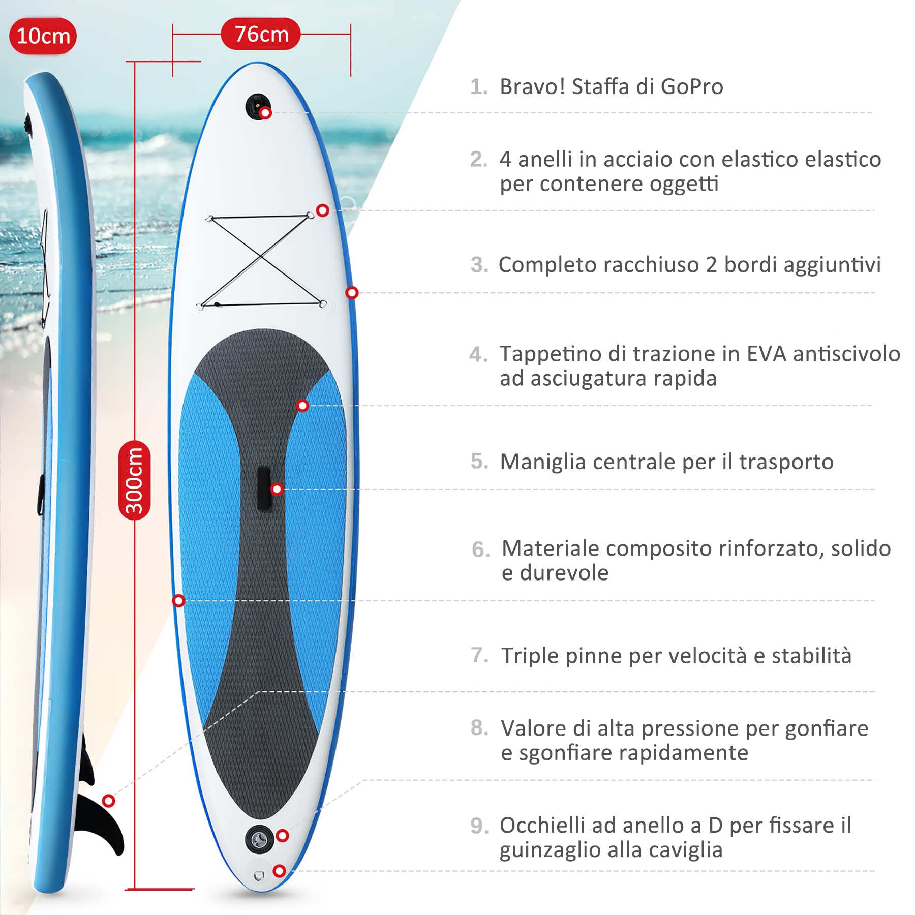 Tavola da Surf, Tavola Gonfiabile Spessa da SUP, Stand Up Paddle Board Gonfiabile, Set per Tavola da Surf con Pompa Pagaia Regolabile Accessori Completi, Blu e Bianco (300x76x10cm)