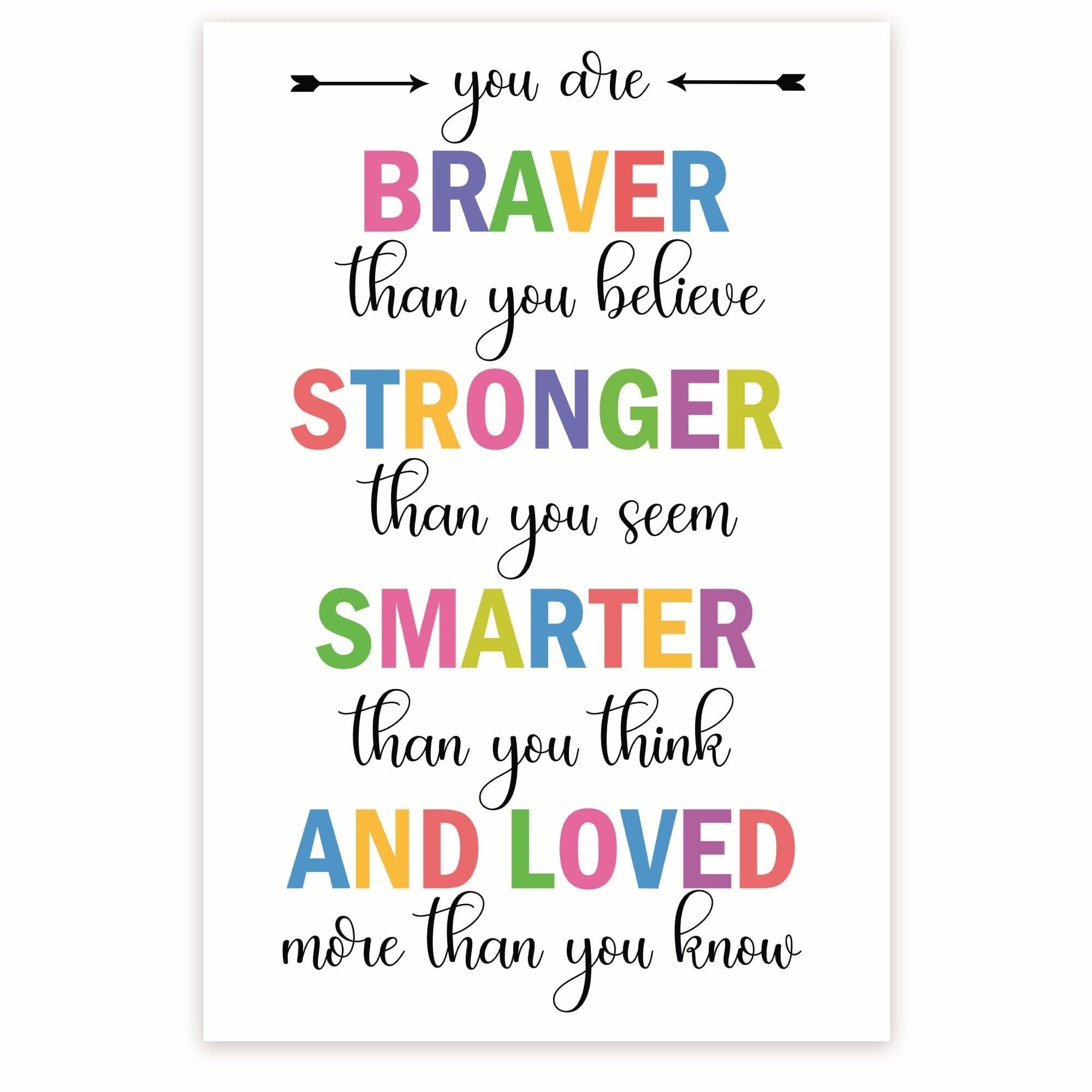 HSMXNEONJB Motivational Quote Poster You Are Braver Than You Believe Inspirational Affirmations Wall-Art Print for Office Bedroom Classroom(Unframed,08x12inch(20x30cm))