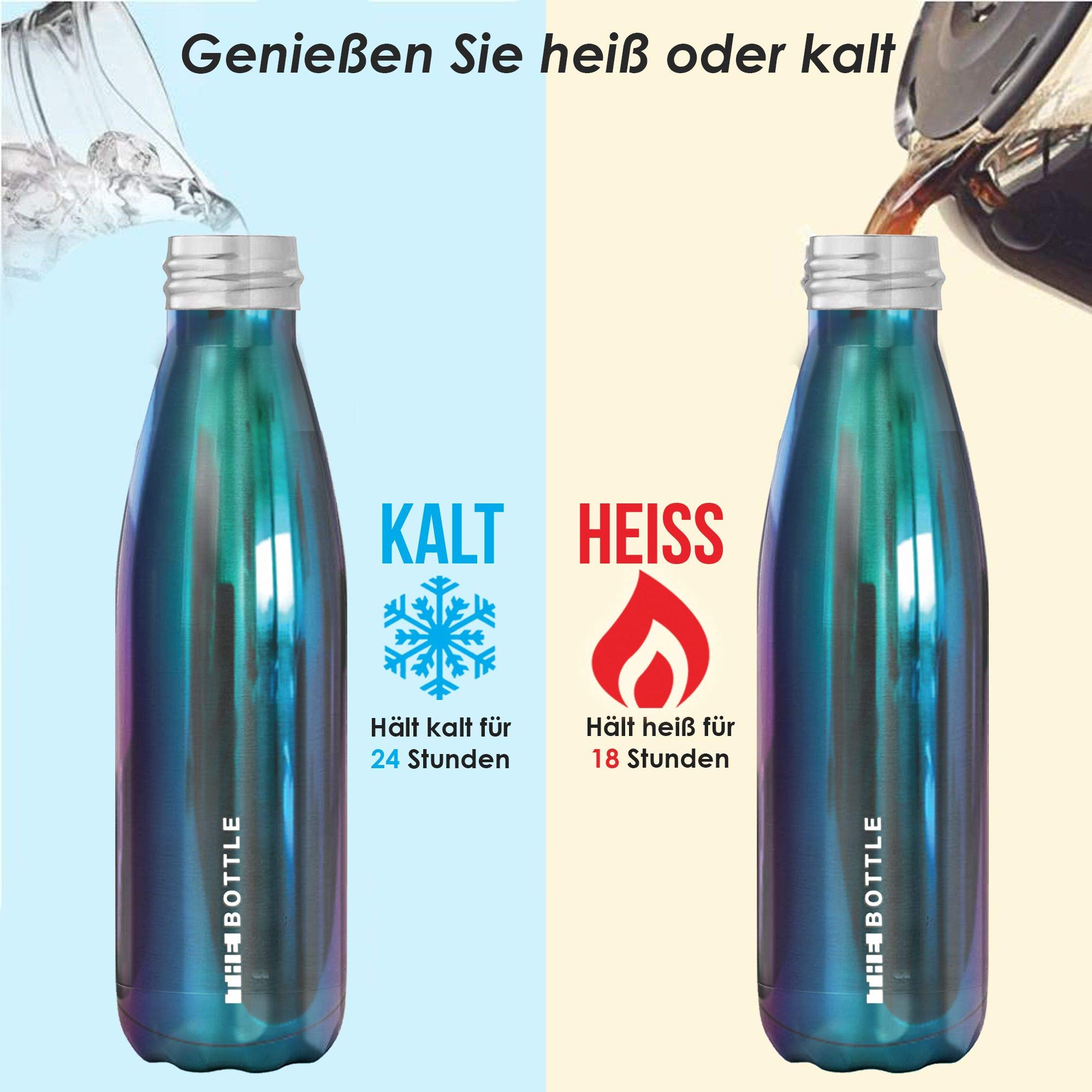Xanadoo Edelstahl Trinkflasche Kohlensäure geeignet I Eco Thermosflasche ohne Plastik, BPA-frei & auslaufsicher I Isolierte Wasserflasche für Camping, Outdoor, Sport, Schule (blau Chrome, 500ml)