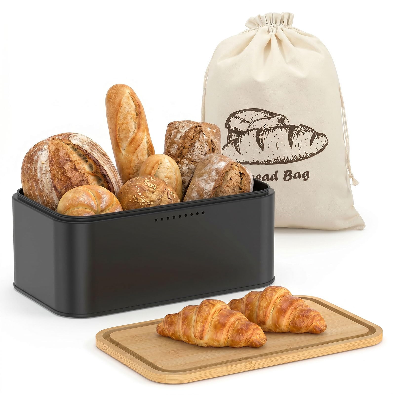 Bread Box with Bamboo Cutting Board Lid & Cotton Bag,Metal Bread Storage Container with Airy Holes, Breads Bin Keep Toast Fresh for Kitchen Countertop Storage Cakes, Cookies and Pastry Snacks(Black)