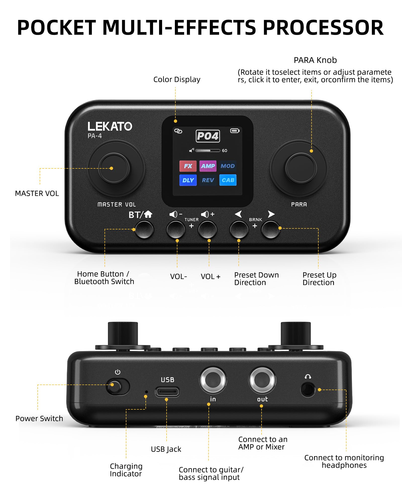 LEKATO Guitarra Pedal Multiefectos con 80 presets, 6 módulos de efectos, 20 Amp/Cab, Interfaz de audio USB OTG y BT, Procesador de Efectos Portátil para Guitarra y Bajo