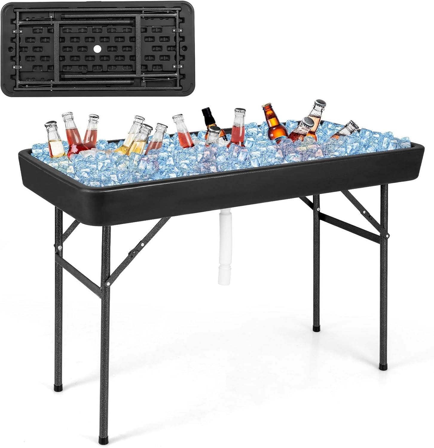 LDAILY Cooler Table, Outdoor Beverage Ice Tables for Parties with Drain, 3” Deep Sink, Removable Matching Skirt, Portable Folding Fish Cleaning Table for Camping, Picnic, Wedding, BBQ, Buffet (Black)