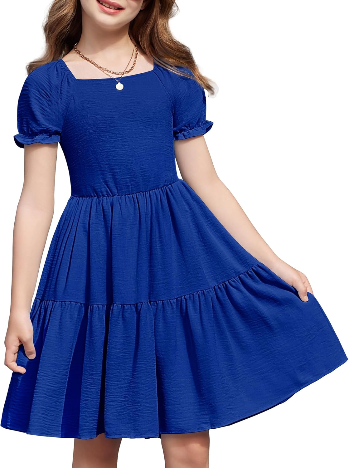 Arshiner Girls Summer Dress Tie Back Short Sleeve Square Neck Tiered Midi Casual Dresses with Pockets