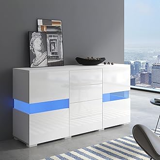 JaxenorWhite High Gloss Sideboard with 2 Doors 4 Drawers for Living Room, Dining Room, Hallway, LED Sideboard with 16 Colours Light, USB Powered, 140x35x72 cm
