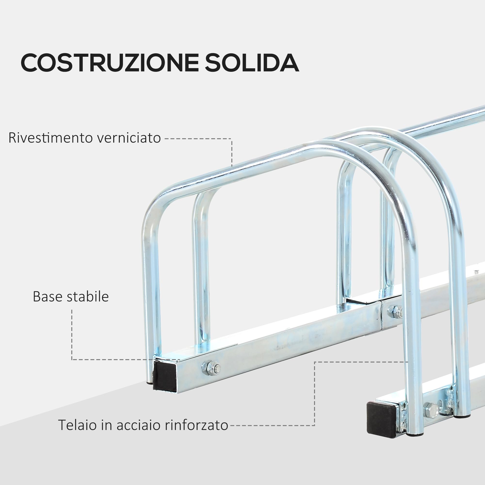 HOMCOM Rastrelliera Biciclette da Pavimento o Parete, Portabici da Terra per 6 Biciclette in Acciaio, Ruote Fino 65 mm, 179x33x27 cm, Argento