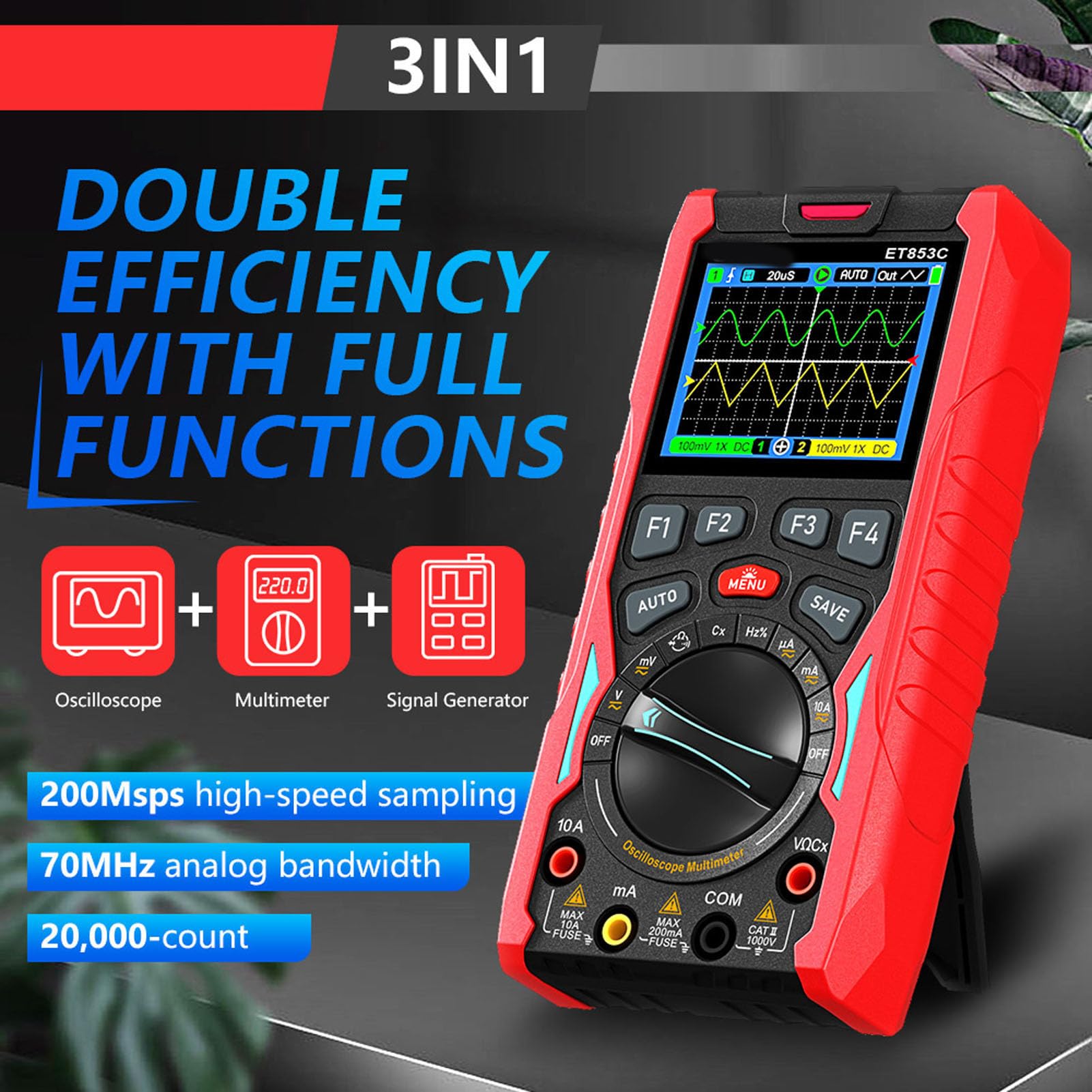 Akozon Multímetro de Osciloscopio Digital Multímetro 3in1 Generador de Mano 40MHz Ancho de Banda 200 Ms/s Tasa de Muestreo 20000 Recuentos para Pruebas de Laboratorio Electrónica