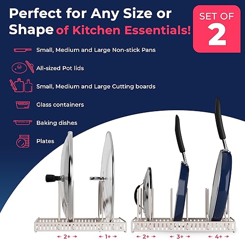 Miniatura 6 de 14 compartimentos, 1 juego compacto de doble estante grande x 1 - Organizador de ollas y sartenes para gabinete - Organizador de tapa de olla para