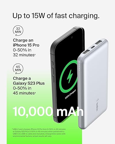 Miniatura 6 de Belkin Cargador portátil, banco de energía USB C de 10,000 mAh con 2 puertos USB-A, 15 W con cable tipo C a tipo A para iPhone 17, Air, Samsung