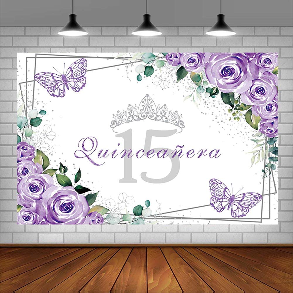 Sendy 7x5ft Quinceañera Backdrop Mis Quince 15 Anos Birthday Party Decoration Supplies for Girl Princess Purple Floral Butterfly Silver Crown
