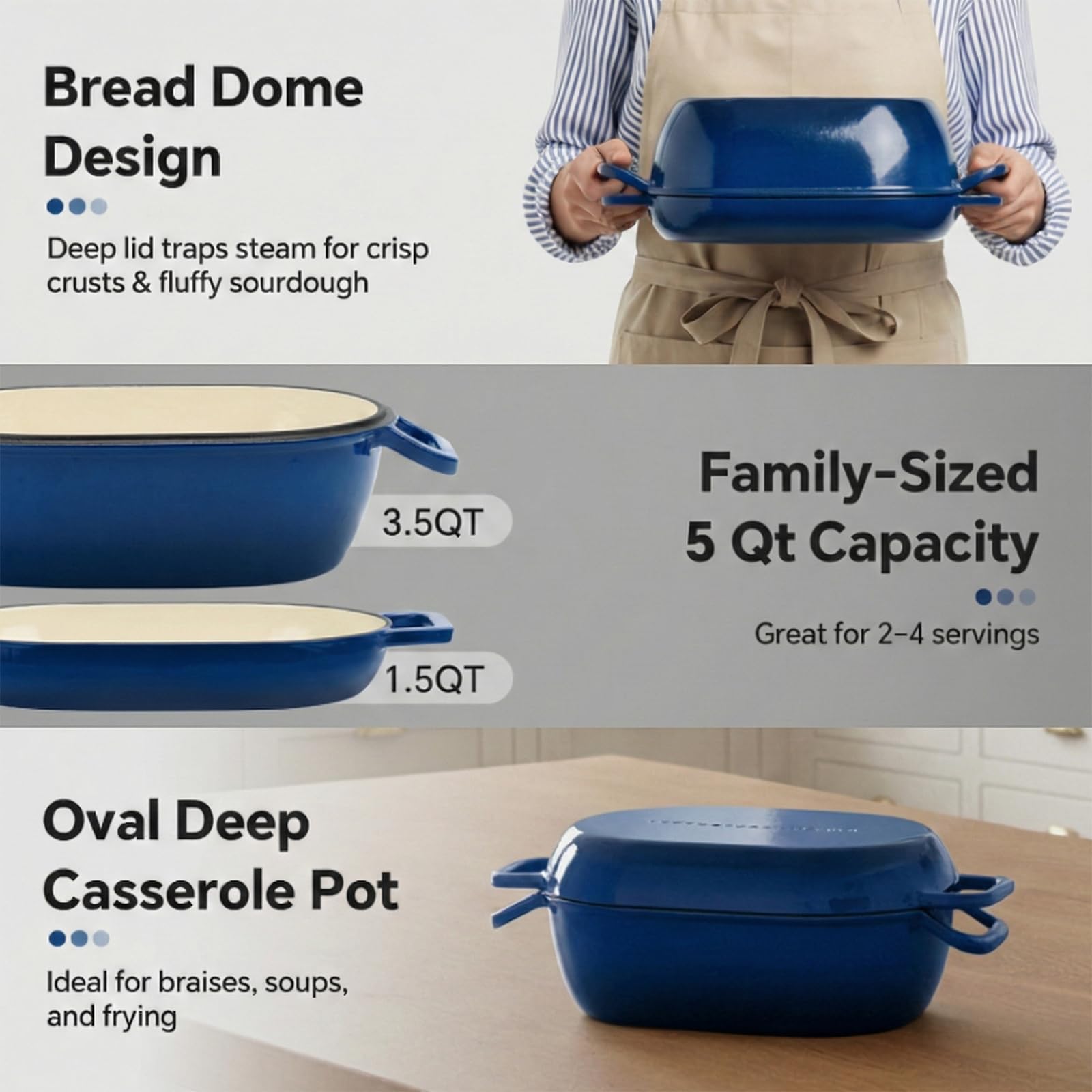 Northriver Casting Ovaler Dutch Oven aus emailliertem Gusseisen zum Brotbacken, 30,5 x 20,3 cm, Brottopf mit Deckel, ideal für Sauerteig, handwerkliche Brote und Familienessen, 5 l