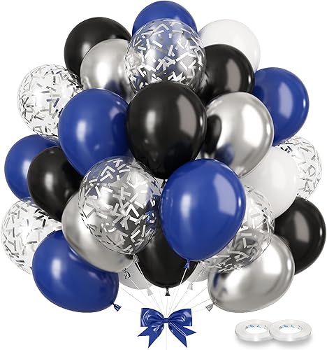 GREMAG Globos negros y azules, 100 globos de confeti azul marino mate, negro, blanco, plateado, kit de globos de látex de 12 pulgadas para