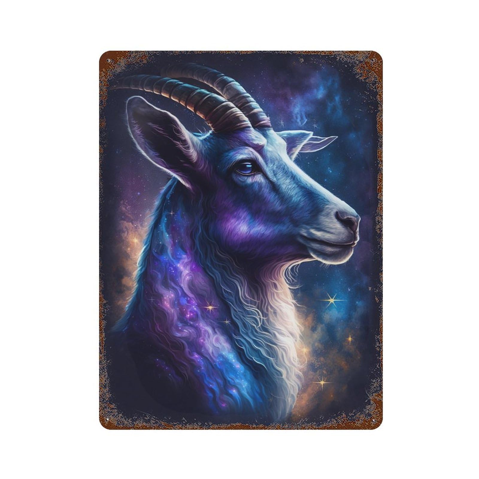 Cosmic Goat Portrait Art Print Rust Effect Tin Sign 15.7"x11.8", Industrial Home Decor for Basement, Hobby Room And Garage Decor