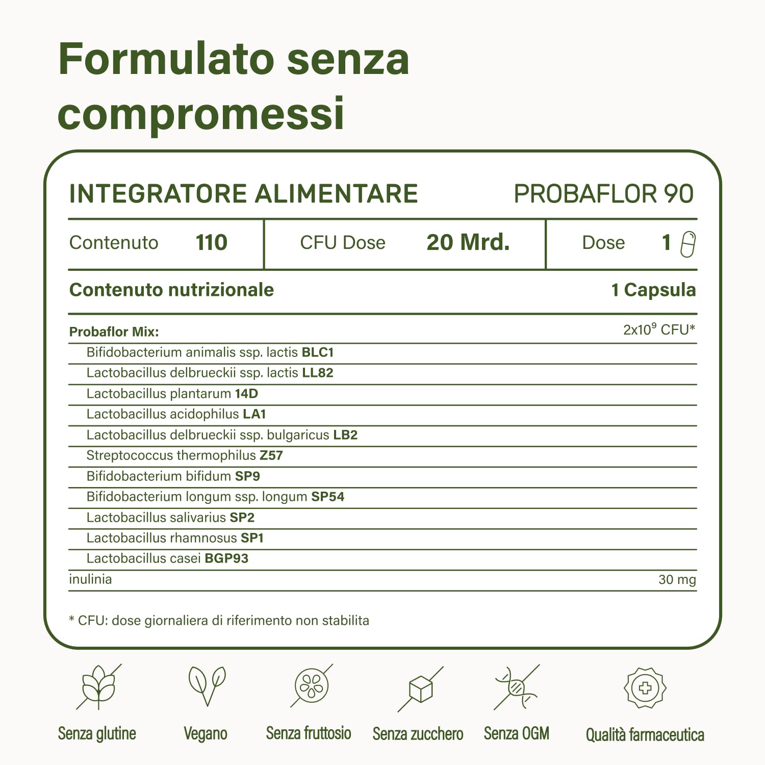 Nupure® Probaflor 110 capsule, con 20 miliardi di CFU, 11 ceppi batterici speciali, Con inulina e Lactobacillus salivarius SP2, Più protetto grazie allo speciale stagno, Vegano