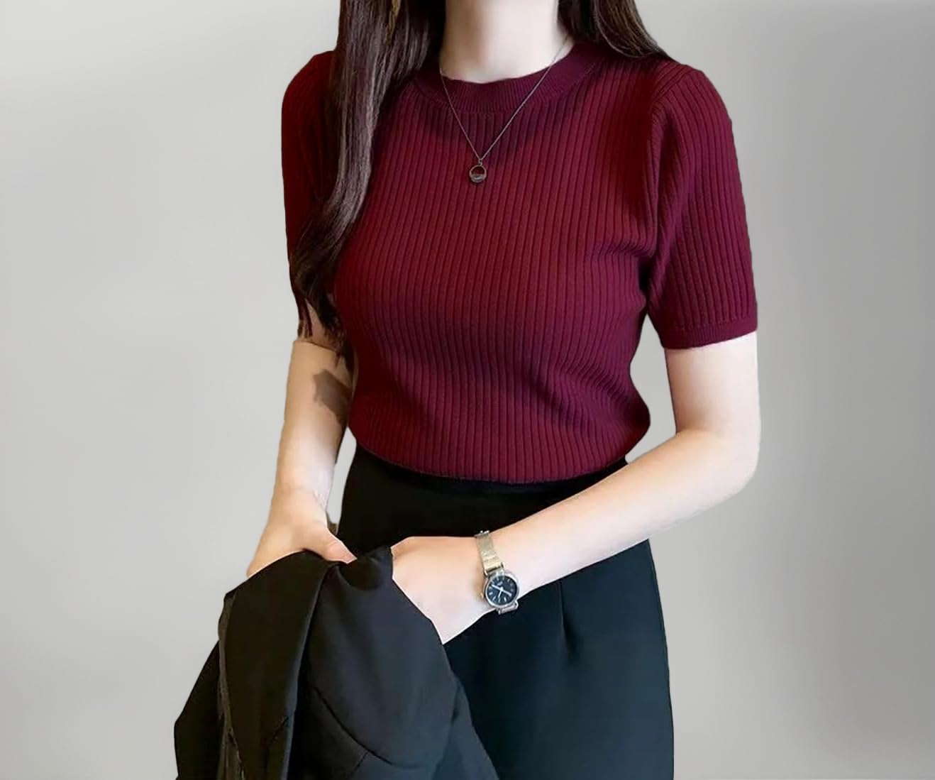 Women Ribbed Slim Fit Top | Stretch Cotton Knit Crew Neck T-Shirt | Solid Casual Short Sleeve Tee for Office, Layering