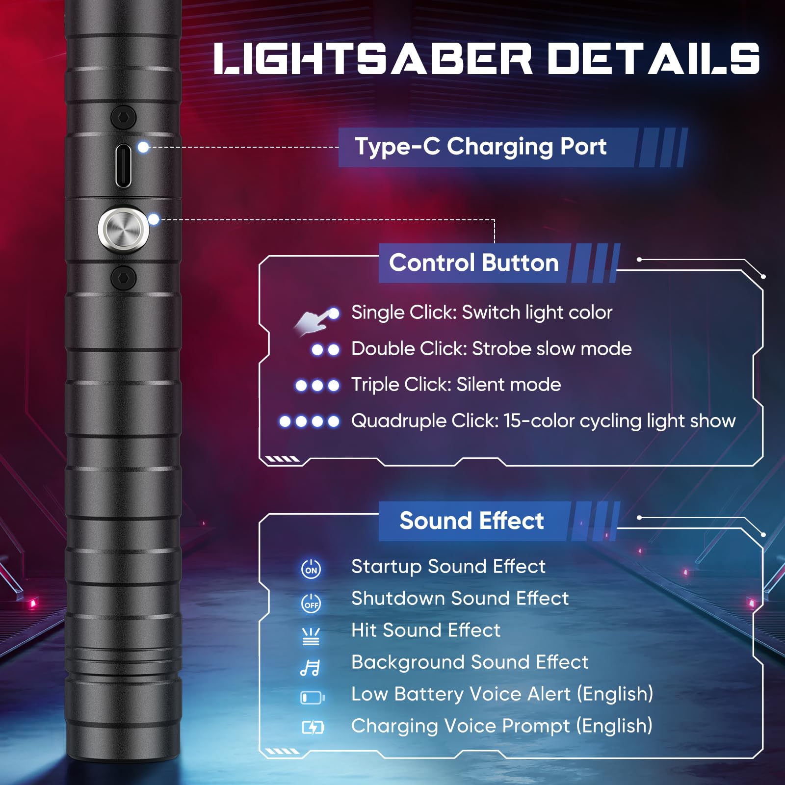 Spada Laser 2 Pezzi, RGB 15 Colori, 5 Effetti Sonori FX, Maniglia Metallo, Ricaricabile USB‑C, Giocattolo per Bambini, Duel, Halloween, Compleanno, Regalo