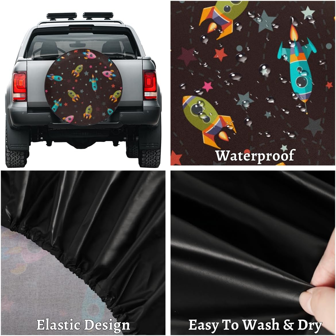 Cartoon Rocket Tire Covers Portable Spare Tire Cover Soft Durable Waterproof Dustproof Set of 4 Bags 14 Inches for Car Truck SUV Trailer Camper