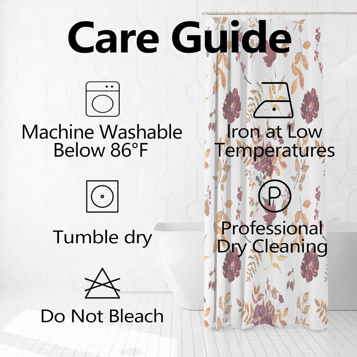 Fall Shower Curtain 72x72inches Autumn Thanksgiving Harvest Shower Curtain Set with Hooks Burgundy Flowers Yellow Orange Leaves Waterproof Fabric Shower Curtains for Bathroom