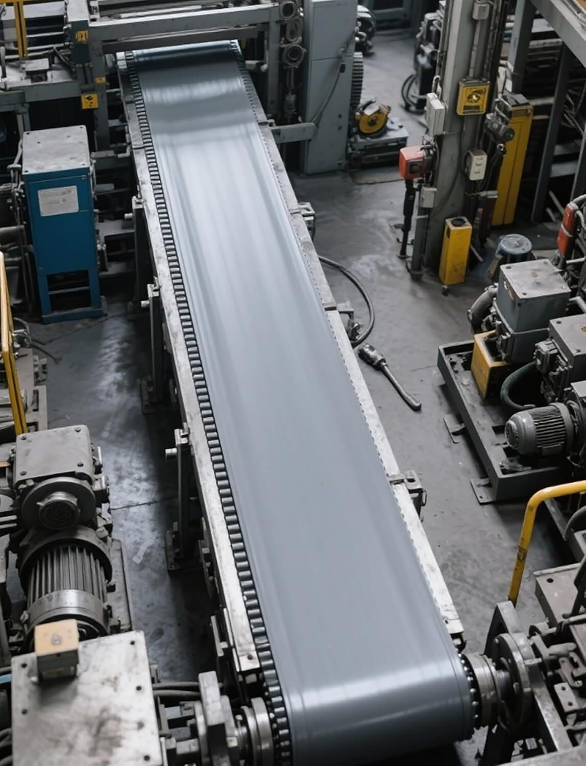Szary przemysłowy przenośnik taśmowy PVC do linii produkcyjnych opakowań – wytrzymałe rozwiązanie przenośnikowe 60 x 700 cm dla wydajnej obsługi materiałów i transportu