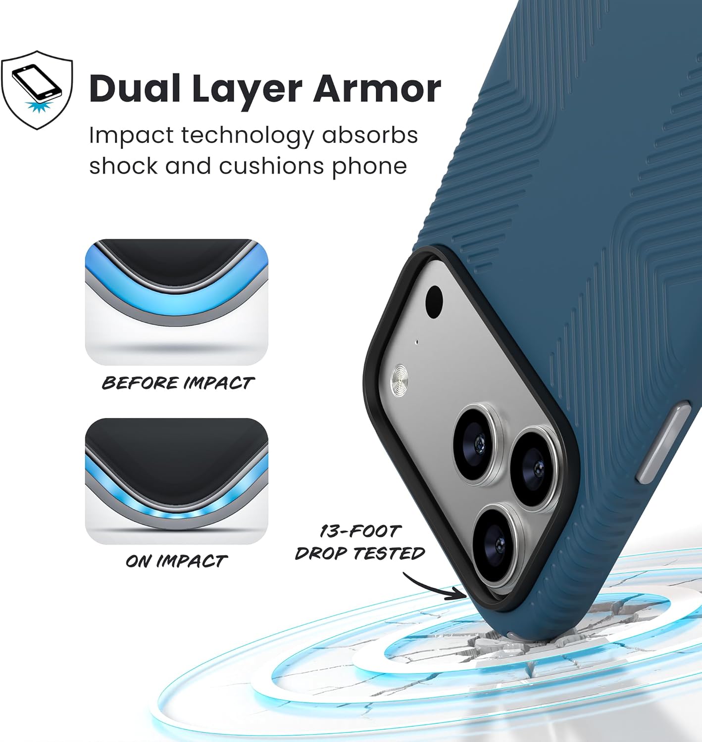 Speck PRESIDIO2 Grip for iPhone 17 Pro Max Case, Slim Protective Case, DEEP SEA/Silver Metallic/Spell Blue