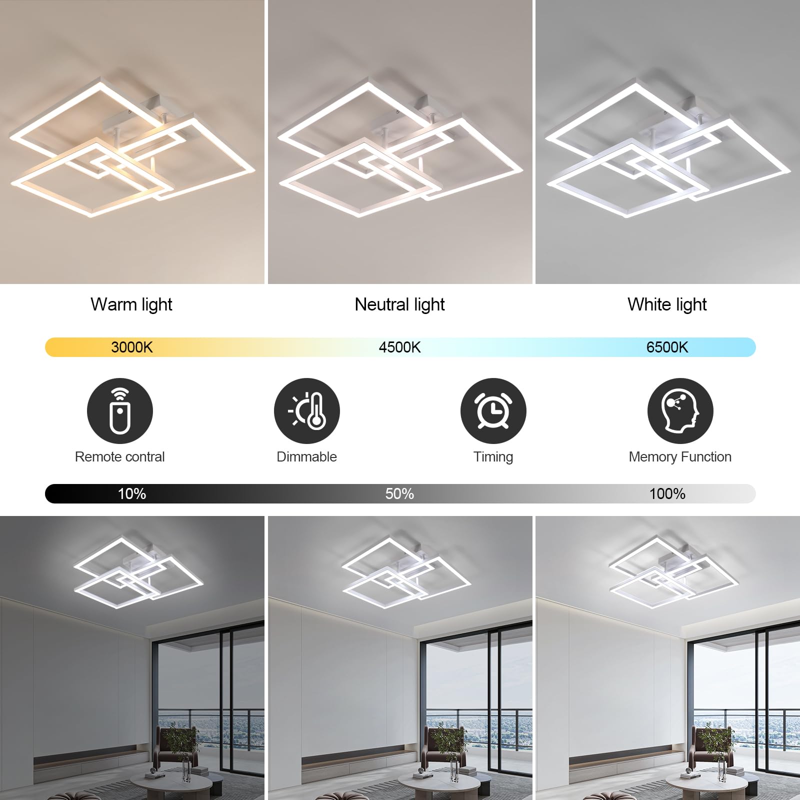 Comely Lampa sufitowa LED, 62 x 62 cm, 40 W, ściemniana, z pilotem zdalnego sterowania, biała, nowoczesna lampa sufitowa o dużej powierzchni do salonu, sypialni, kuchni, korytarza, oświetlenie