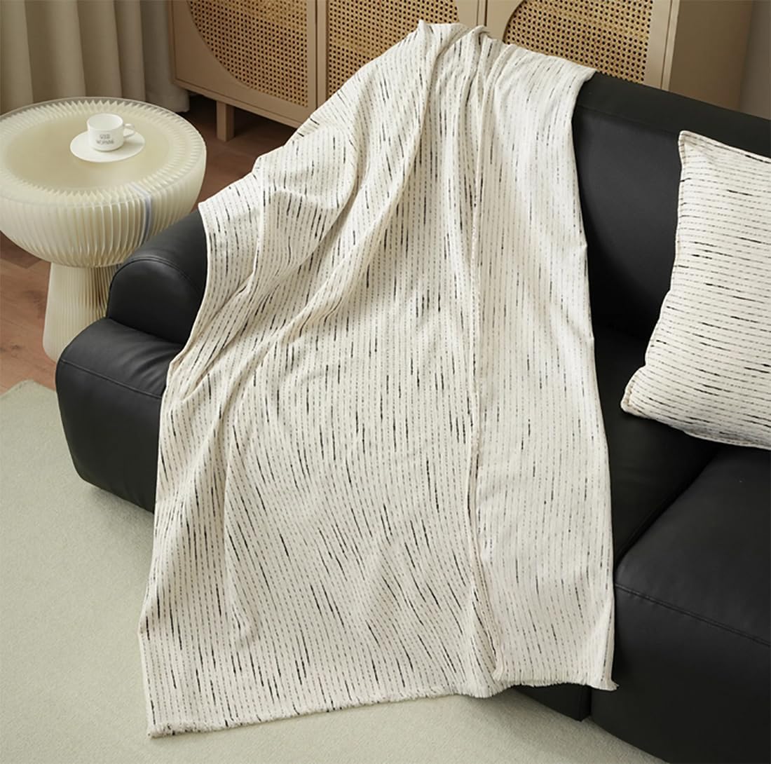 Fennco Styles Black Striped Fringe Chenille Reversible Throw Blanket 50" W x 72" L - White Woven Ultra Soft Blanket for Bed, Couch, Sofa, Home, Office and Holidays Décor