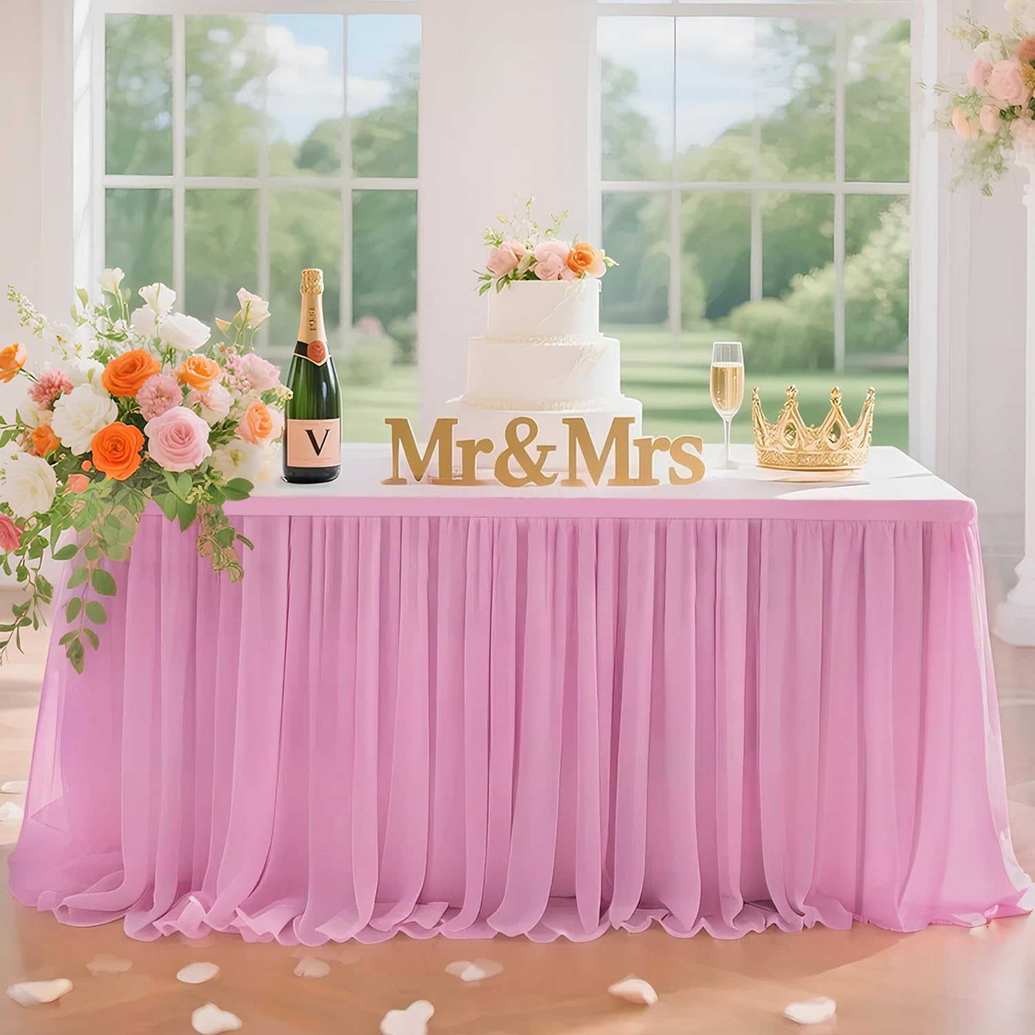 9ft Table Skirt Pink Chifffon Table Skirts Double Layer Table Cloth Skirt Ruffle Tulle Table Skirting Chiffon Table Cover Sheer Pleated Table Skirt for Wedding Birthday Party Baby Shower