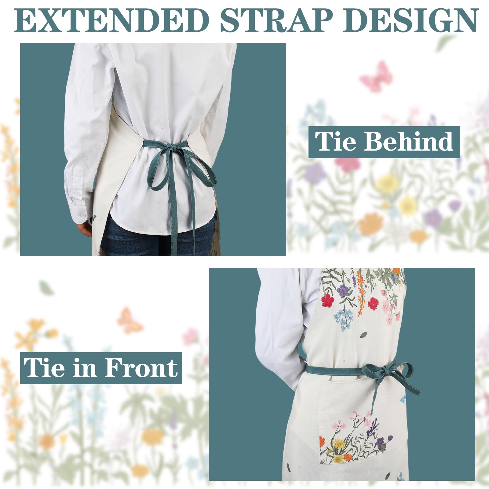saerryor Kitchen Aprons for Women with Pockets Adjustable Chef Apron with Floral Butterfly for Baking Cleaning Gardening - Image 3