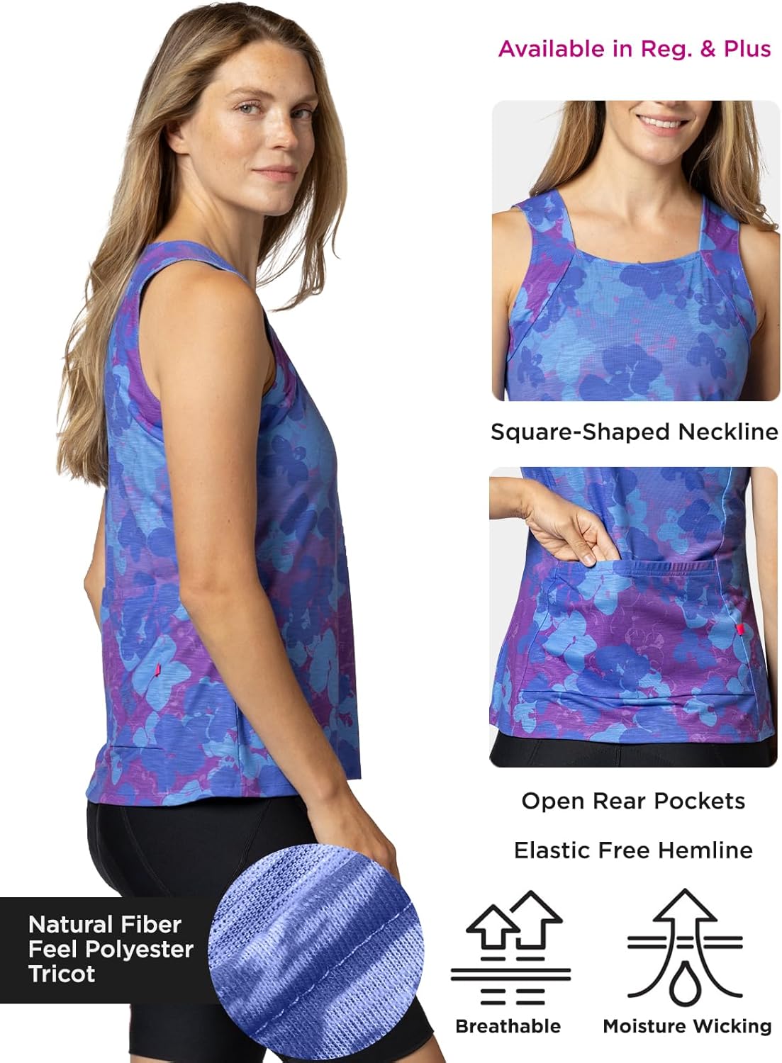 Terry Tourista Tank Sleeveless Top for Women Cycling Jersey Moisture Wicking Bike Touring Travel, Regular & Plus Sizes