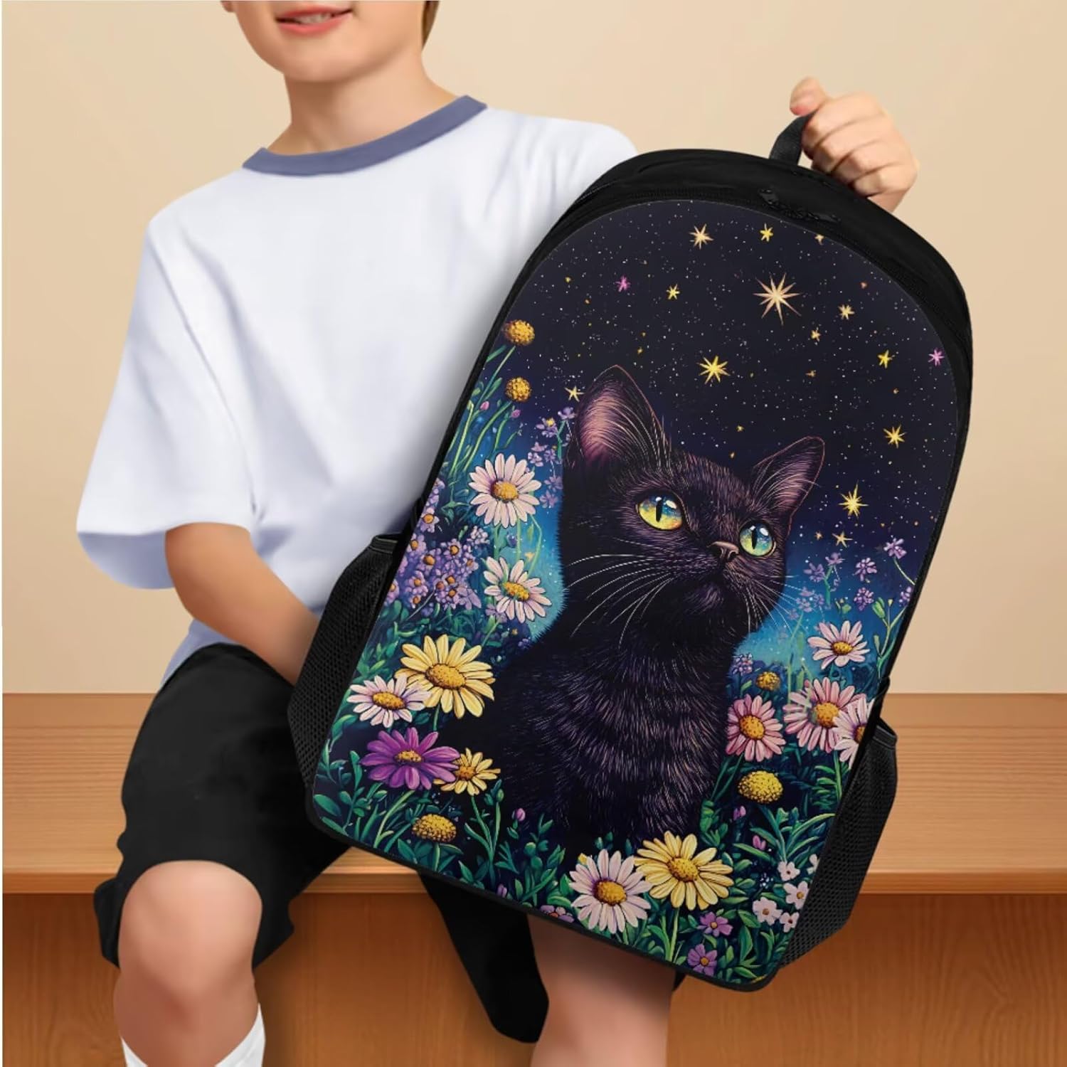 Ystardream Wonderful Cat for Girls Backpack with Lunch Box Set for Kids 5Th Grade Student Back to School Book Bag with Bookmark Water Bottle Holder Pencil Case for Girls Boys Daily Use,Daisy